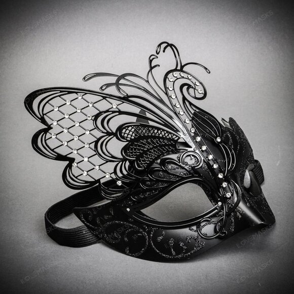 Black Elegant Butterfly Laser-Cut Metal Glitter Masquerade Party Women Face Mask - Picture 3 of 4
